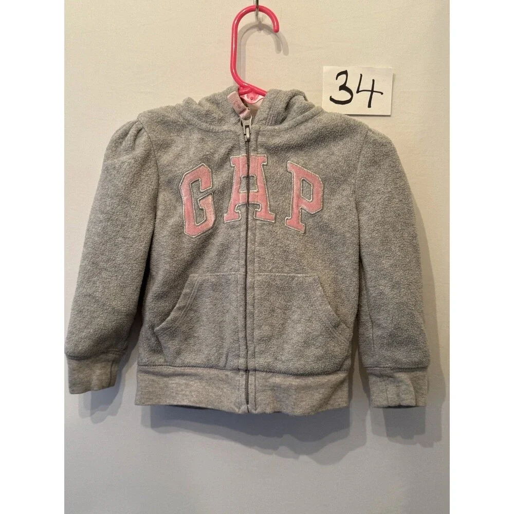 GAP Kids Girls Gray Fleece Zip Hoodie Pink Logo Hooded Jacket Sweatshirt